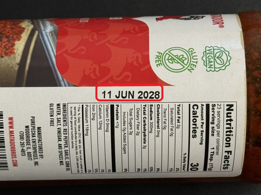 El Matador label with the best-by date 11 JUN 2028 printed above the Nutrition Facts panel